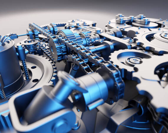 Gears and cogs mechanism. Industrial machine, engine. Close-up macro. 3D illustration